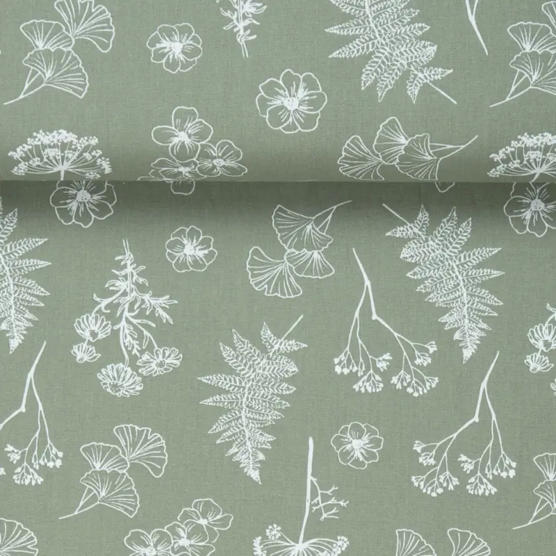 POPLIN FLOWER DRAWINGS dusty machine green Direkt Vom Hersteller