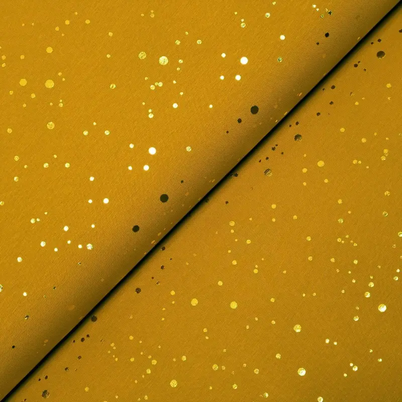 71x150 * Jersey * Dotties * gold glänzender Folienprint auf senf * RESTSTÜCK Direkt Vom Hersteller