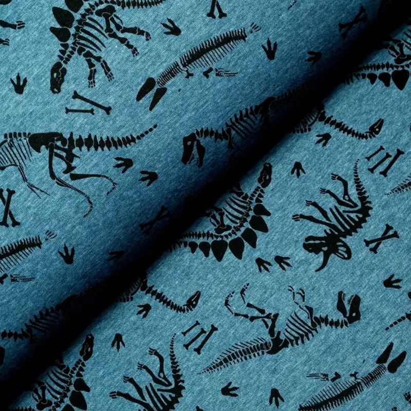 Direkt Vom Hersteller 26x150 - Alpenfleece - Kuschelsweat - Dino Skelette auf petrol - RESTSTÜCK