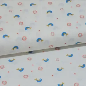 Schnäppchen Baumwollstoff weiss mit kleinen Vögelchen und Blüten