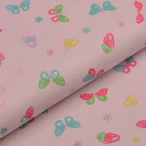 Baumwollstoff rosa mit bunten Schmetterlingen Markenprodukt