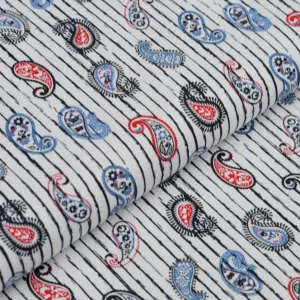 Super-Preis Baumwollstoff weiß mit navy Streifen und bunten Paisley