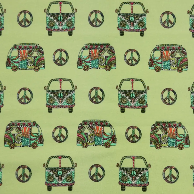 Meistverkauft Baumwolljersey mit Bullis und Peacezeichen - dusty lime