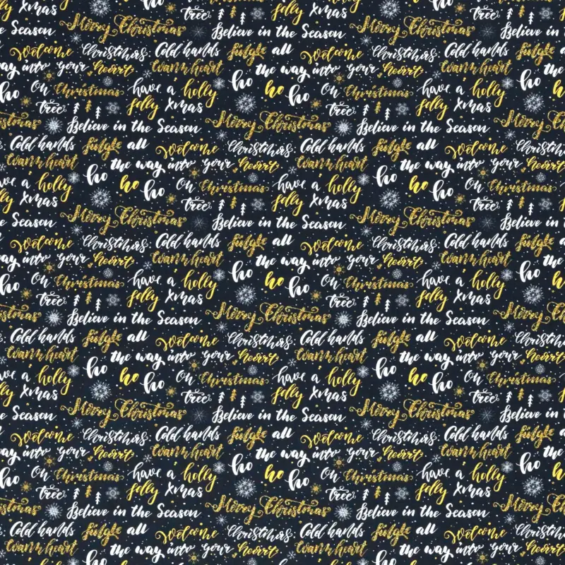 Must-Have Baumwollstoff "Kim" von Swafing mit weihnachtlichen Schriftzügen - schwarz/weiß/gold