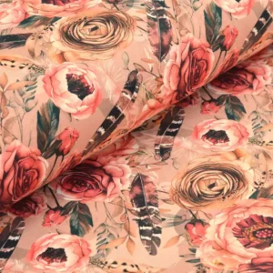 Bestseller Digitaljersey Eigenproduktion mit Pfingstrosen, Rosen und Federn - dusty aprikot