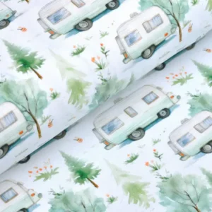 Angebot Digitaljersey Eigenproduktion "Camping Life" mit Bäumen und Wohnwagen - weiß