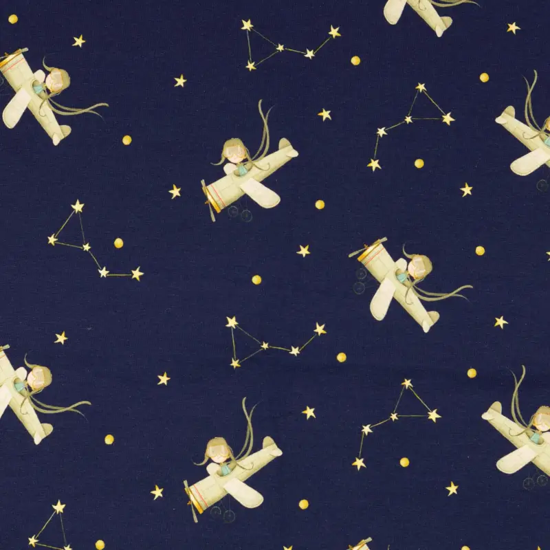 Angebot Baumwolljersey Little Darling "Sternenflieger" mit Sternen und Flugzeug - navy