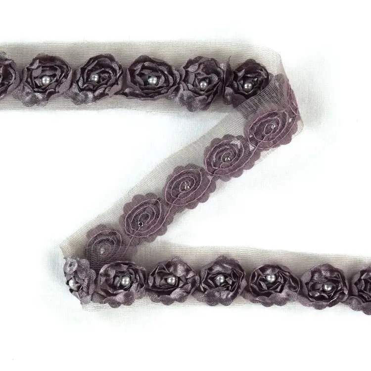 Garantierte Lieferung Rosen Tüllband mit Perle, 25 mm, altmalve