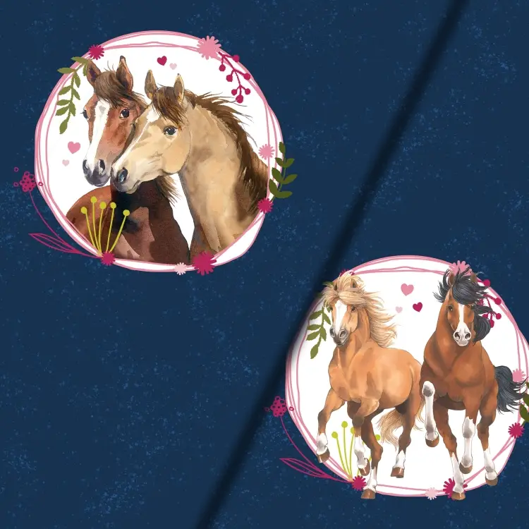 Baumwolljersey Pferdefreunde Panel Galopp-Duo 150 x 70 cm, dunkelblau Direktkauf