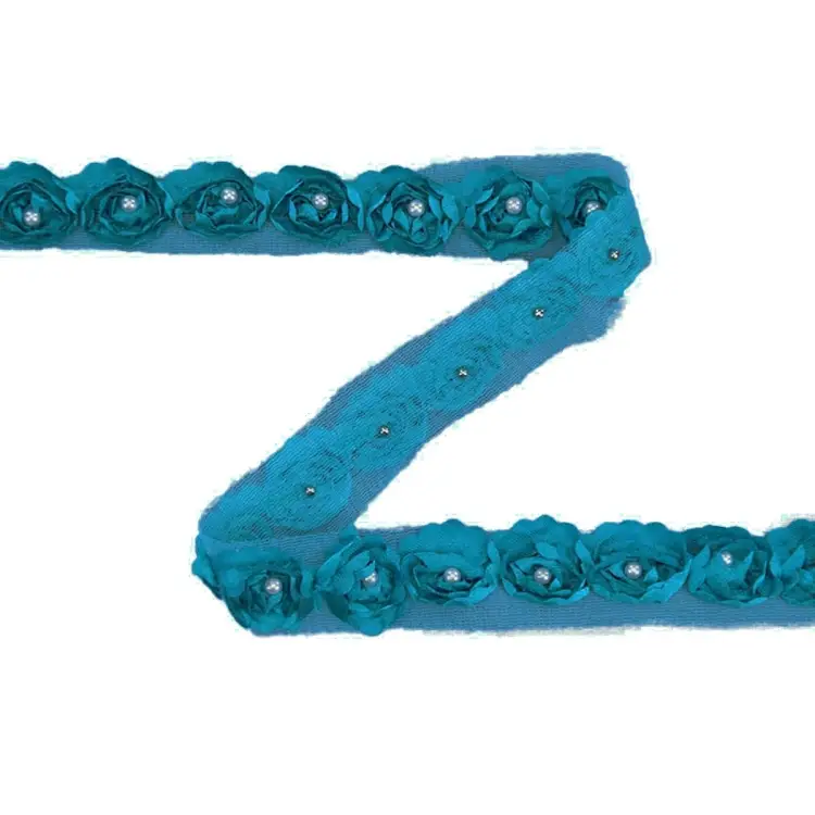 Günstig Rosen Tüllband mit Perle, türkis 25 mm