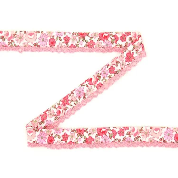 Baumwoll-Schrägband Blumen, weiss - rosa 12 mm Garantierte Lieferung