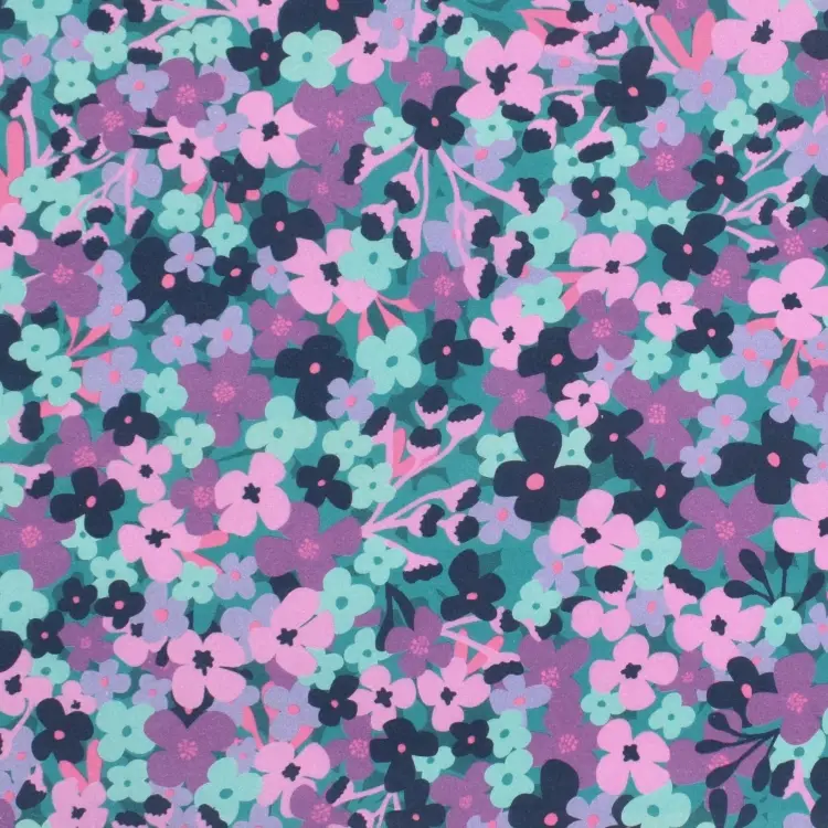 Beschichtete Baumwolle Flower Field, petrol Solange Der Vorrat Reicht