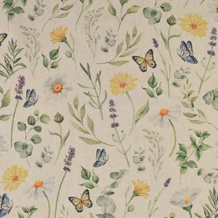 Versand Am Gleichen Tag Dekostoff Halbpanama Flowers and Butterflies, beige