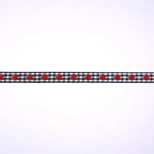 Billig Band schwarz weiß kariert mit aufgestickten roten Herzen Breite: 1cm
