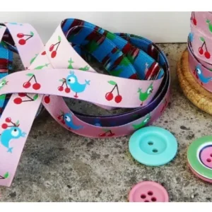 Super-Preis Farbenmix Webband Birdie Vogel Kirsche rosa Breite: 1,2cm