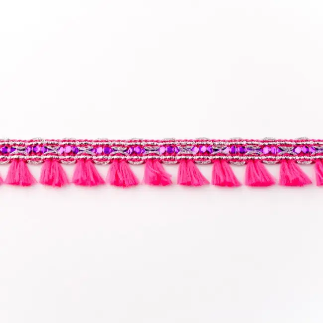 Rabatt Orientalisches Band Glitzer mit Fransen Meterware fuchsia Breite:2cm