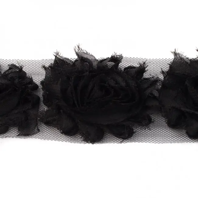 Spitzenband Chiffon Blüten schwarz Meterware 8cm breit Nur Für Kurze Zeit