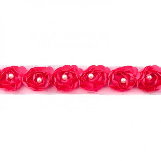 Bestpreis Rüschenband Tüll mit Perlen pink Breite: 2cm