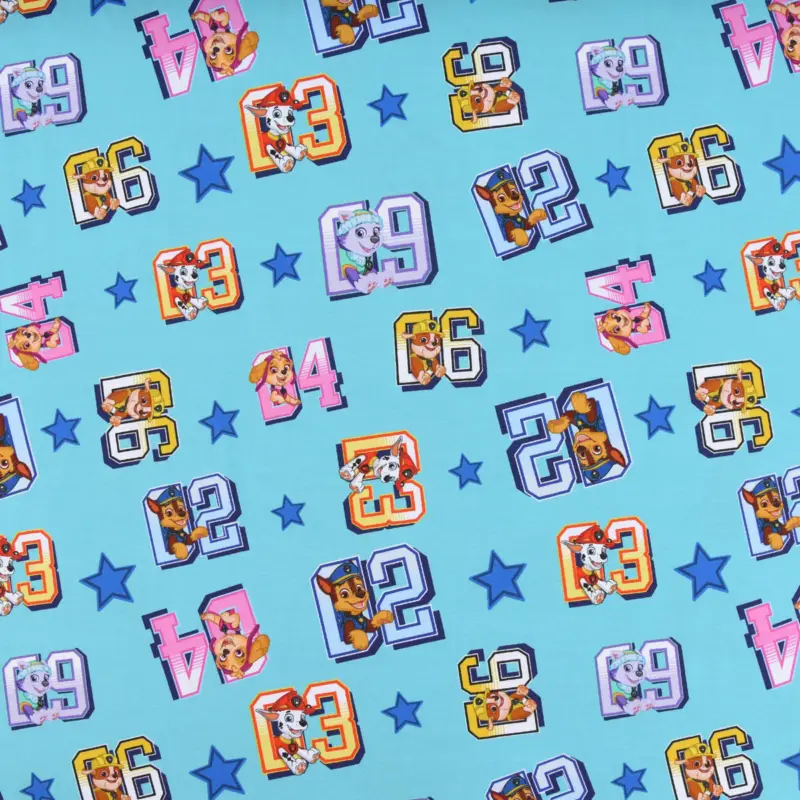 Sonderaktion Baumwolljersey Digitaldruck Paw Patrol Startnummer Sterne türkis bunt 1,5m Breite