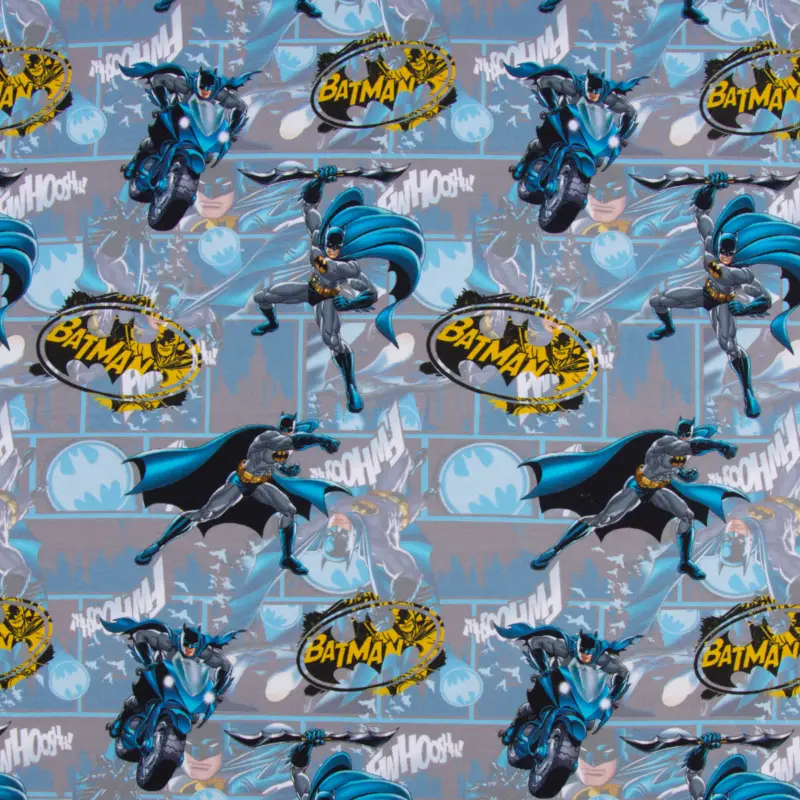 Zertifiziert Baumwolljersey Digitaldruck Batman™© Motorrad grau blau gelb schwarz 1,5m Breite