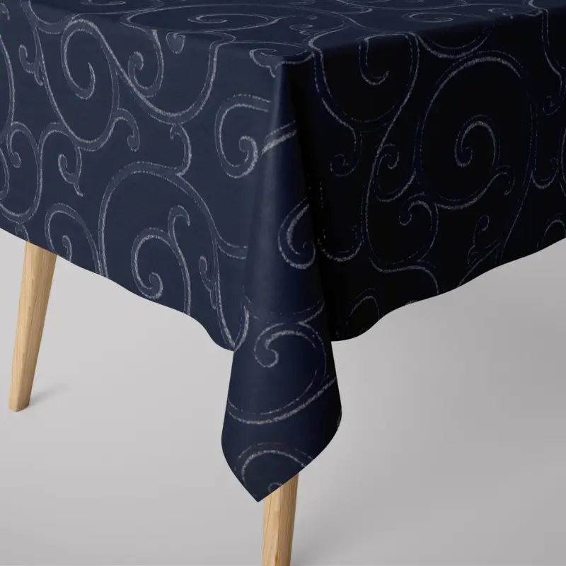 SCHÖNER LEBEN. Tischdecke Ornamente Schnörkel Lurex dunkelblau silberfarbig verschiedene Größen Expressversand