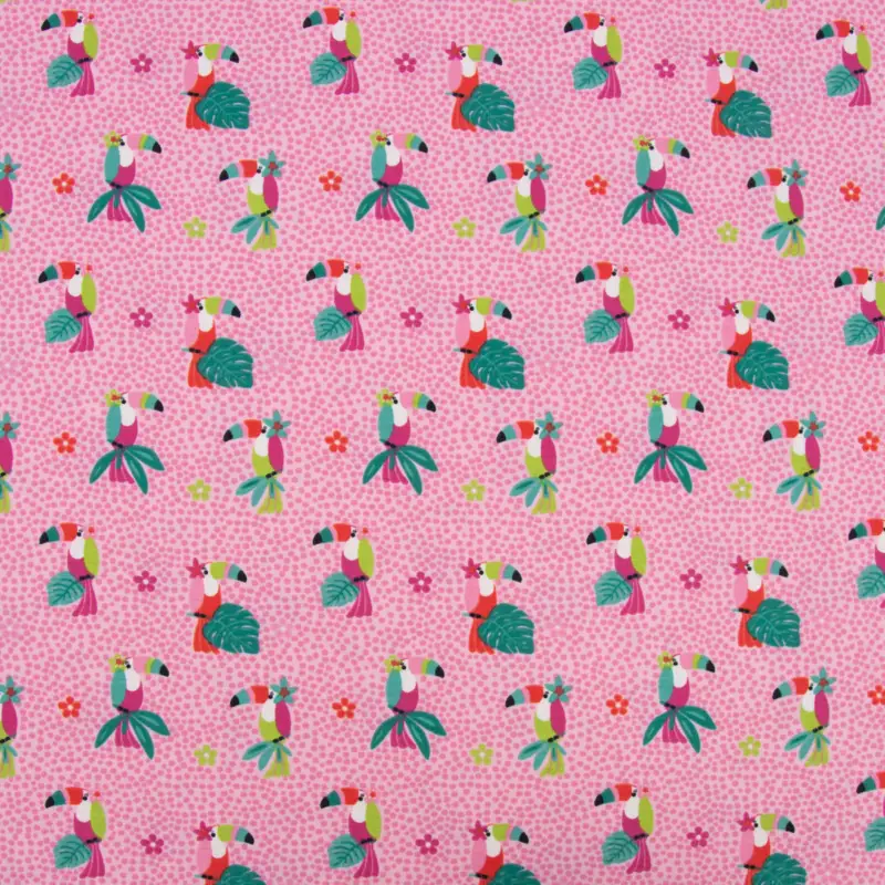 Baumwolljersey Tukan Punkte Palmenblätter Blüten rosa grün rot weiß 1,5m Breite Abverkauf