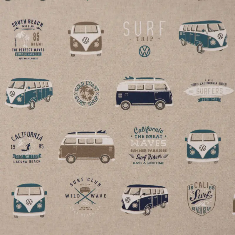 Angebot Dekostoff Halbpanama Leinenlook Lizenzstoff VW Bus Bulli California Surf natur petrol oliv 1,40m Breite