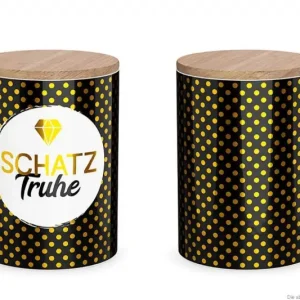 Bestseller La Vida Vorratsdose Schatztruhe Punkte Diamant Porzellan mit Bambusdeckel schwarz gold 11x16cm