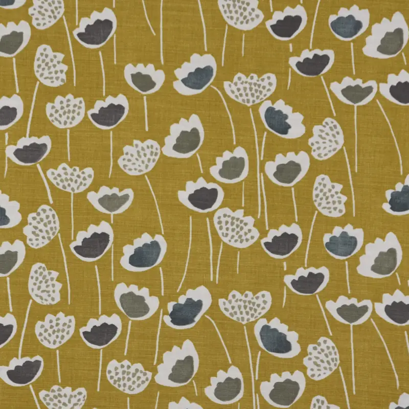 Rabatt Panama Dekostoff Baumwollstoff Clara Saffron Blumen senfgelb ocker blau grau 140cm Breite