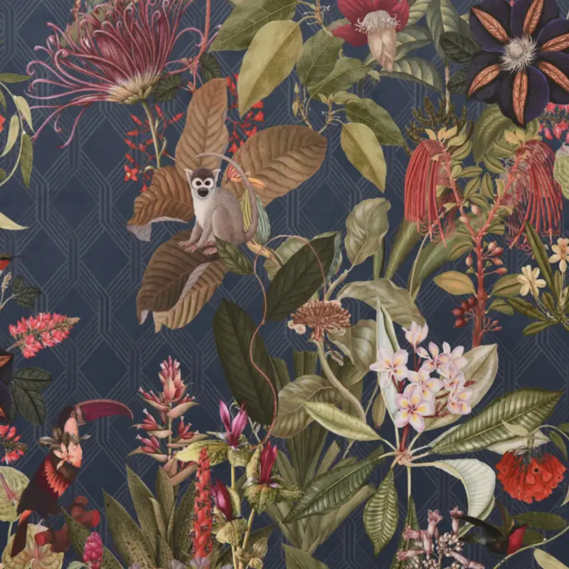 Samtstoff Dekostoff Velvet Samt Dschungel Botanic Chic Botanik Raute blau 1,45m Wochenendangebot