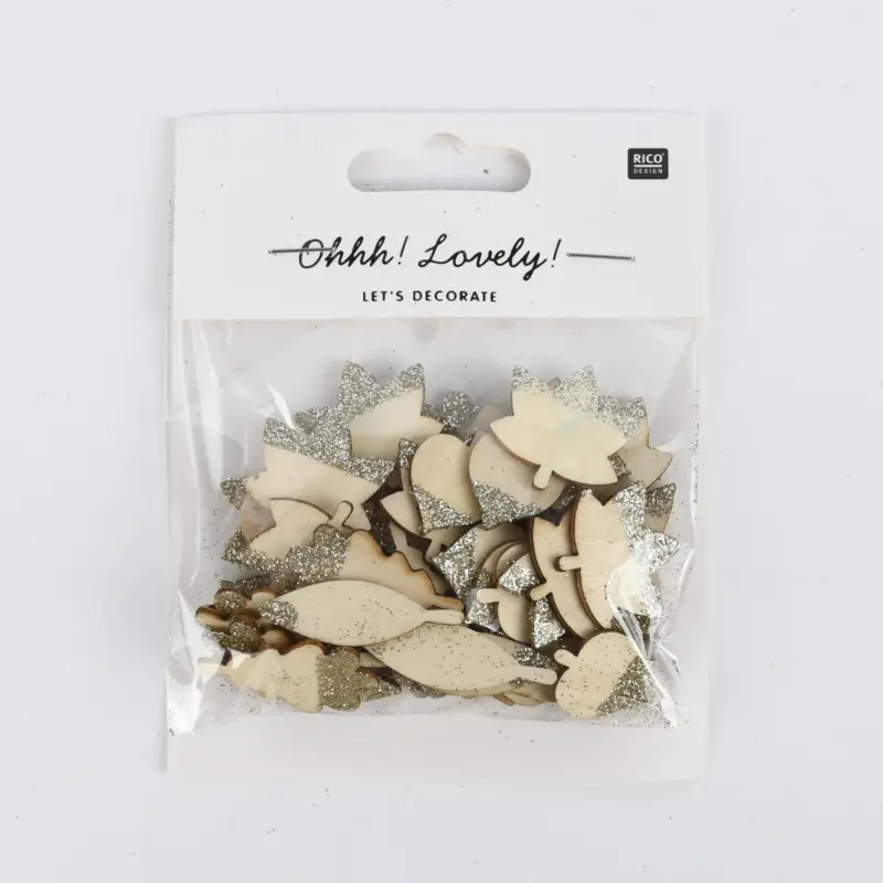 Rico Design Dekostreu Blätter Mix mit Glitter Holz natur gold 48teilig Sichere Zahlung