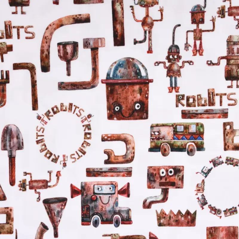 Baumwolljersey Organic Bio Digitaldruck ROBOTIC Roboter weiß braun1,4m Breite Sofort Bestellen