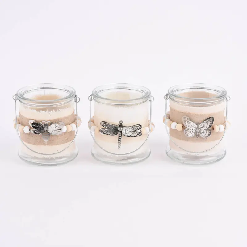 Neu Im Sortiment Windlicht mit Holzperlenkette und Insektenanhänger Glas Leinenstoff natur weiß 10x10cm verschiedene Varianten