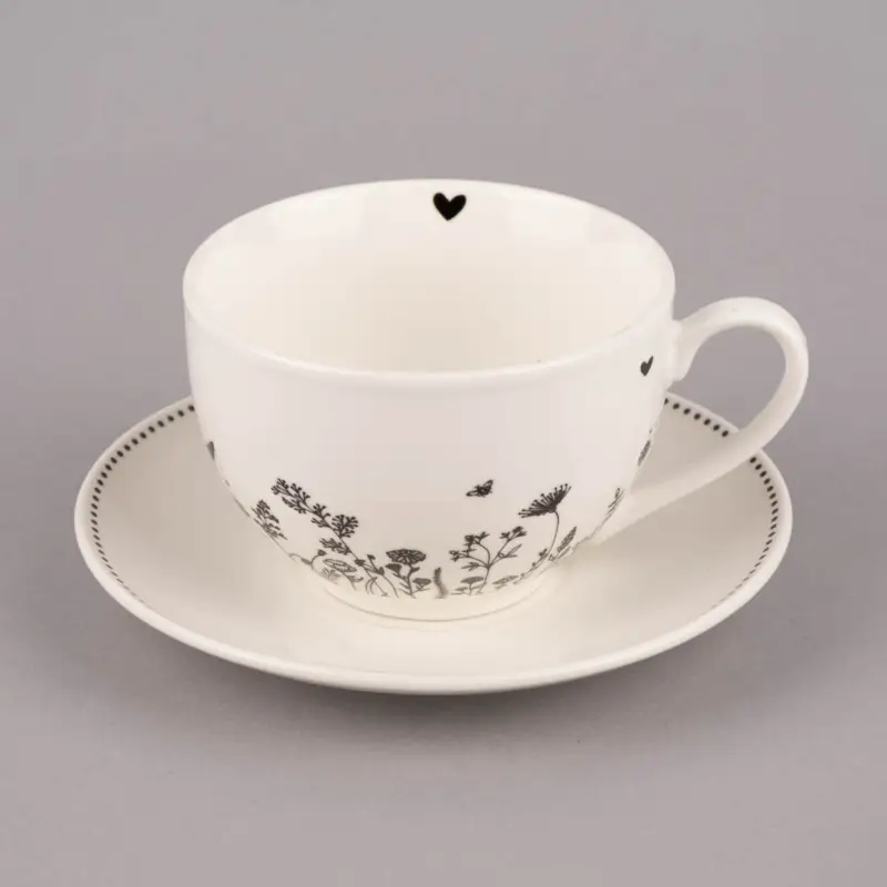 Clayre & Eef Tasse mit Untertasse Wiesenblumen Porzellan cremeweiß schwarz 200ml Billig