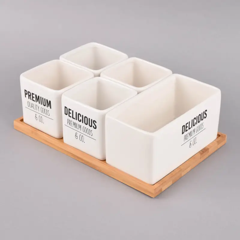 6tlg. Set Keramik Servierschalen mit Tablett aus Bambus weiß natur 27x17,5x9,5cm Neu