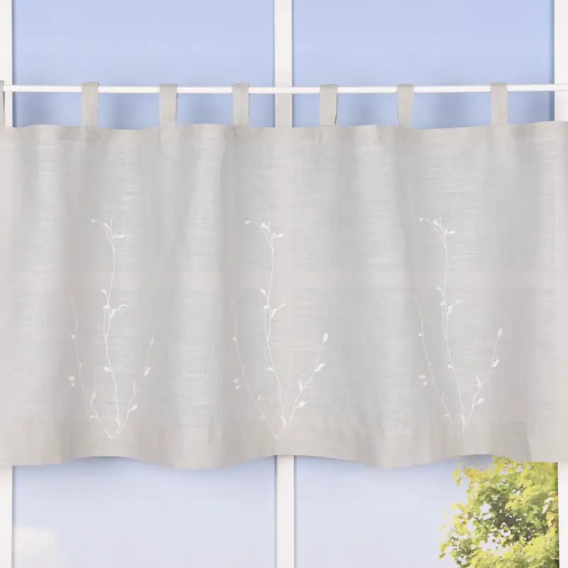 Online Kaufen Bio Schlaufenbistro Scheibengardine aus Bio Baumwolle Blätterstickerei Leinenstruktur halbtransparent hellgrau 150x50cm