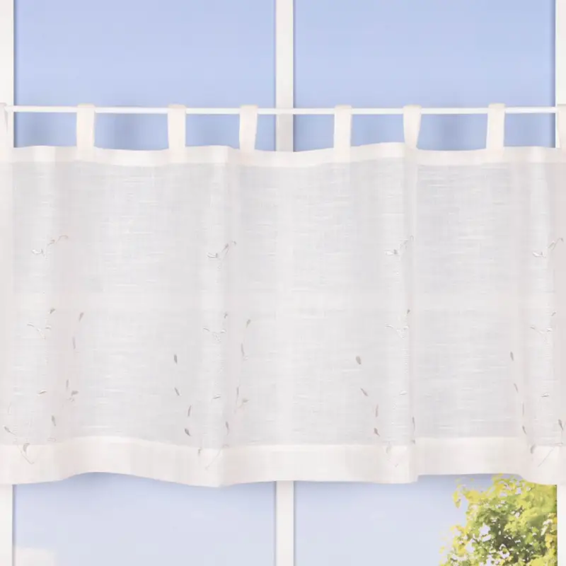 Bio Schlaufenbistro Scheibengardine aus Bio Baumwolle Blätterstickerei Leinenstruktur transparent wollweiß grau 150x50cm Saisonangebot