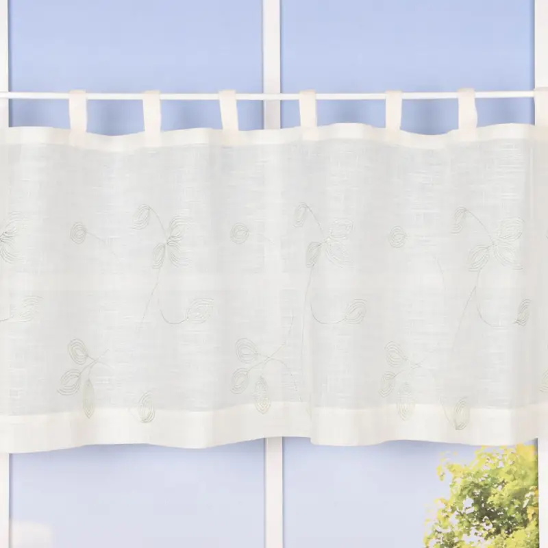 Neu Im Sortiment Bio Schlaufenbistro Scheibengardine aus Bio Baumwolle Blätterstickerei Leinenstruktur transparent wollweiß grün 150x50cm