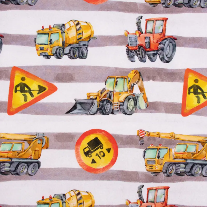Echt Baumwolljersey Jerseystoff Digitaldruck Baustelle Baufahrzeuge Streifen beige gelb1,50m Breite
