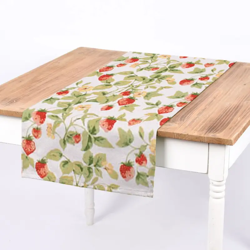 Schnäppchen SCHÖNER LEBEN. Tischläufer aus Baumwolle Gariguette Erdbeeren weiß rot grün 40x160cm