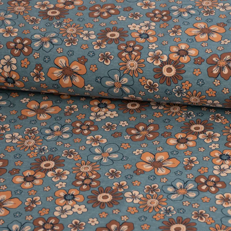 Jerseystoff Meterware Blumen Melange Flowers blau meliert 1,48m Breite Billig