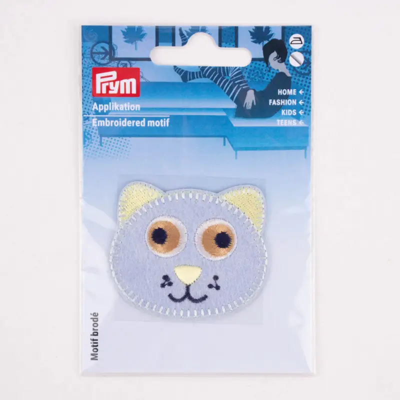 Rabatt Prym Applikation Katze selbstklebend aufbügelbar grau grün 53x45mm