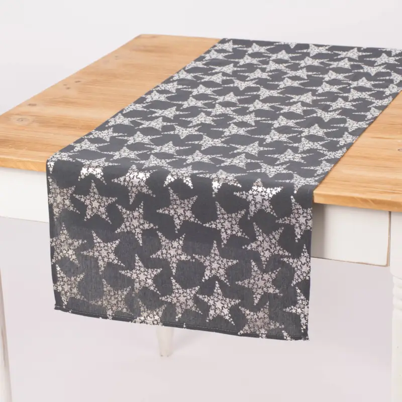 Tischläufer Stars Sterne Foliendruck dunkelgrau silberfarbig 42x150cm Ausverkauf