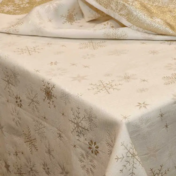 Ausverkauf Tischdecke Crystal Eiskristalle Schneeflocken Metallic Glitzer cremeweiß goldfarbig 140x300cm