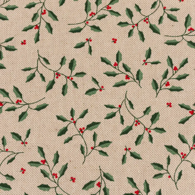 Nur Für Kurze Zeit Weihnachtsstoff Dekostoff Halbpanama Leinenlook Little Holly Branch Stechpalmenzweige natur rot grün 1,40m Breite