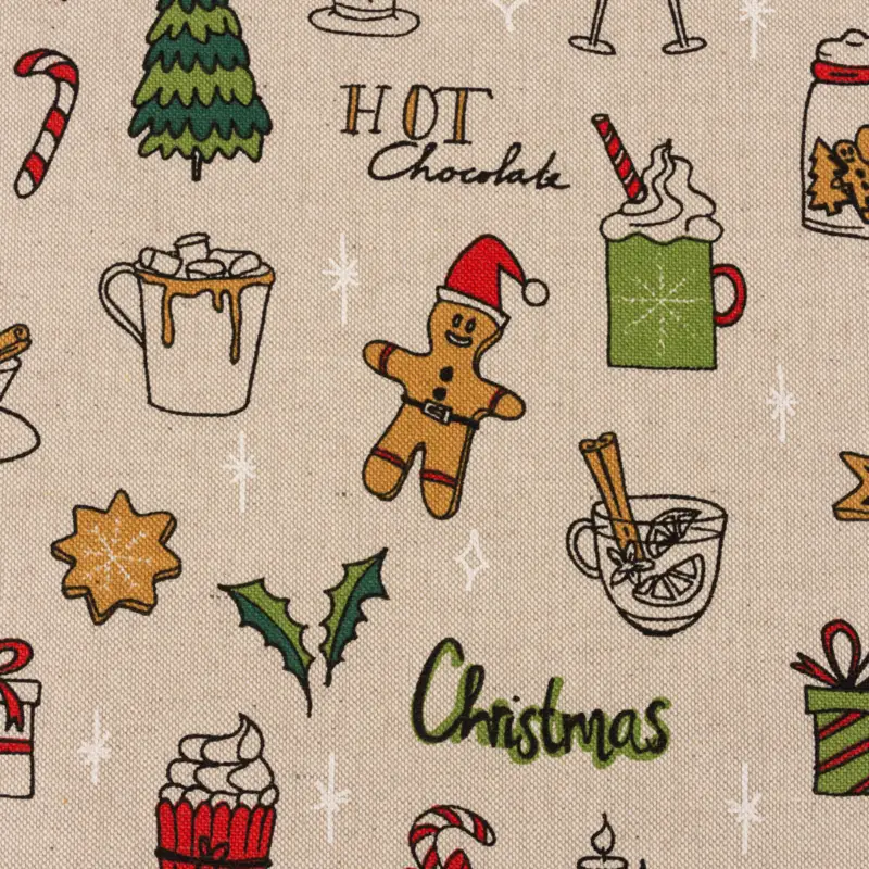 Weihnachtsstoff Dekostoff Halbpanama Leinenlook Christmas Doodle Weihnachtsmotive natur rot grün 1,40m Breite Neue Kollektion