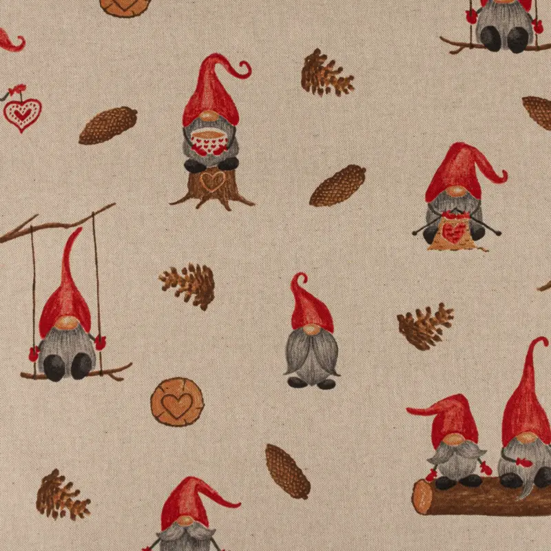Sofort Bestellen Weihnachtsstoff Dekostoff Halbpanama Leinenlook Tomte Weihnachtswichtel natur rot braun 1,40m Breite