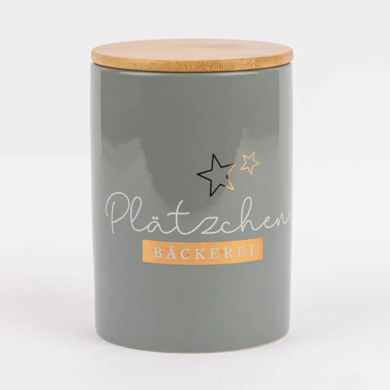 Vorratsdose aus Porzellan mit Bambusdeckel Plätzchenbäckerei grau gold weiß 11x16cm von La Vida Expressversand