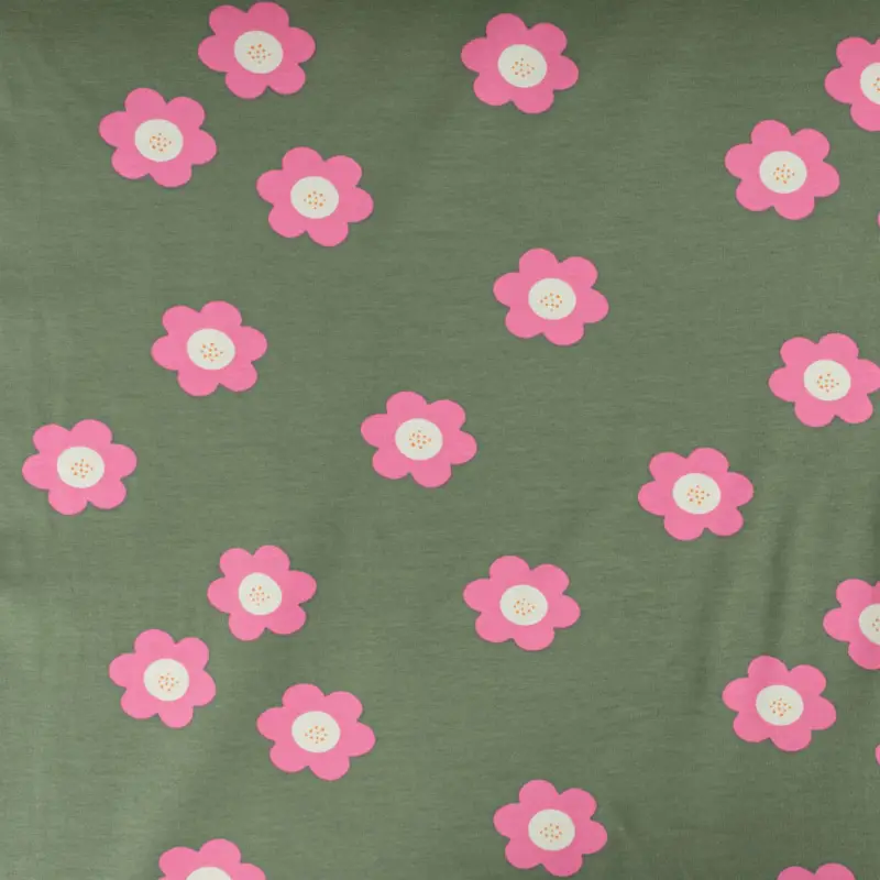Markenprodukt French Terry Sommersweat BIG FLOWERS Blumen altgrün pink 1,5m Breite