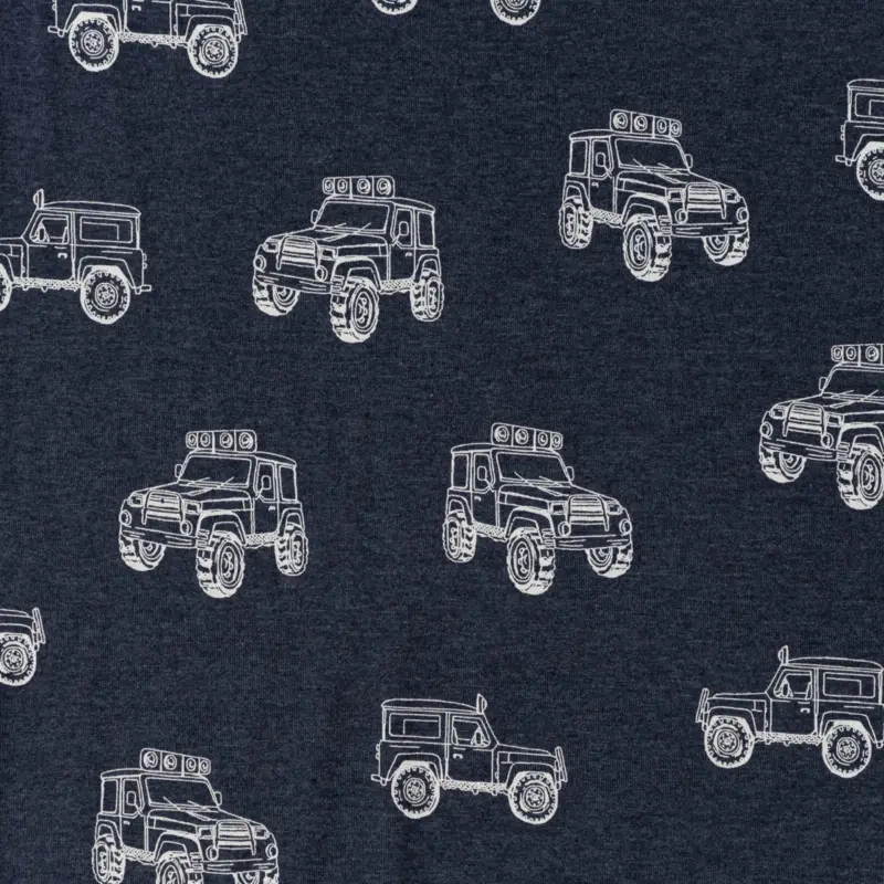 Jersey Stoff Melange Cars Monstertrucks dunkelblau meliert 1,48m Breite Beliebt